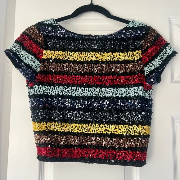 Alice + Olivia Sequin Striped Crop Top - Red, Blue, Yellow, Brown - Picture 1 of 3